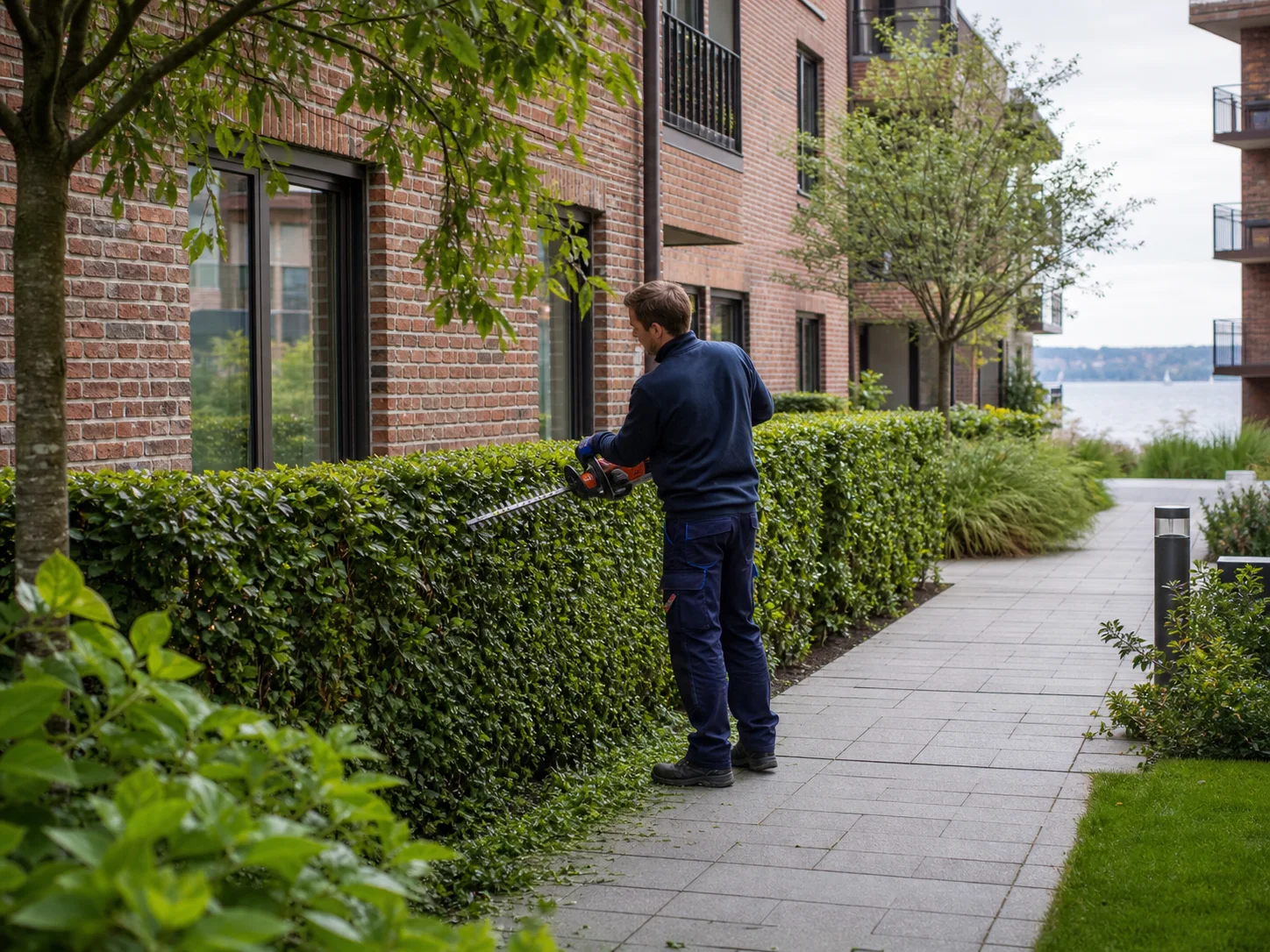 Pflege einer Grünanlage an einem Wohngebäude